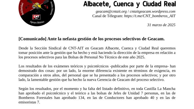 Comunicado Sección Sindical CNT-AIT en Geacam